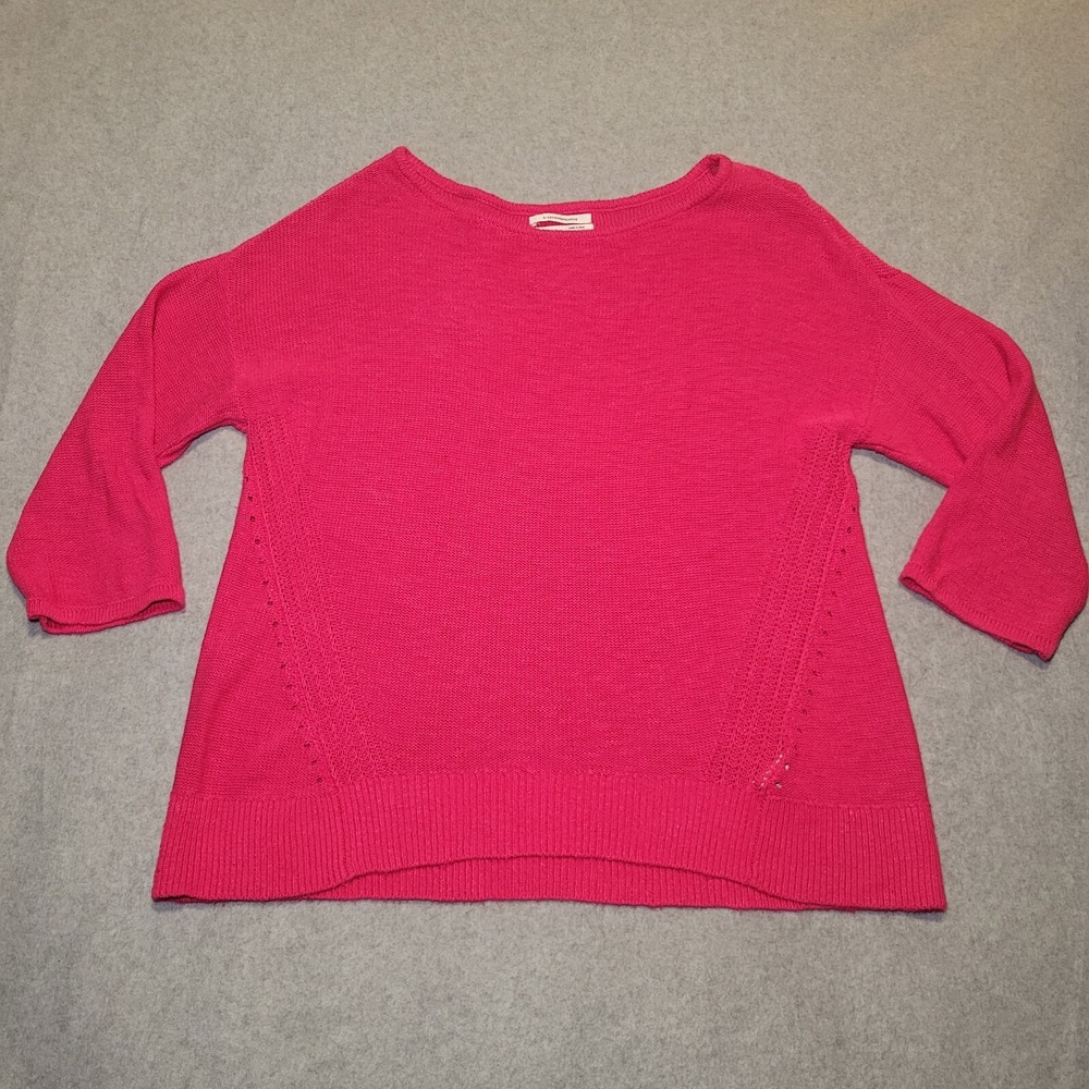 Anthropologie Pink Linen Blend Knit‎ Sweater 3/4 Sleeve Boat Neck Fuchsia Small